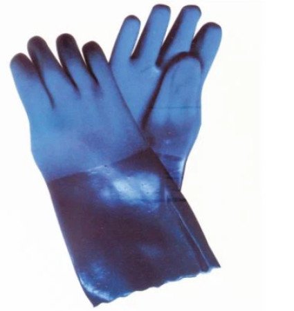THX-7101 PVC Coated Glove, 100% Cotton Interlock Lining, Long Cuff, Blue PVC Coating, Sandy Finish.