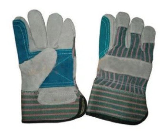 TH-3002 Cowhide Split Leather Glove, 10.5'' Grey Cowhide Split Leather Glove, Green Leather Reinforced Double Palm, Stripe Cotton Back And Rubberized Cuff, Half Lining.