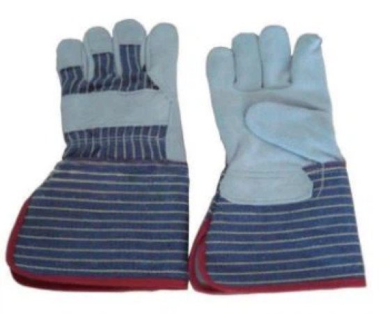 TH-2003 Cowhide Split Leather Glove, 12'' Grey Cowhide Split Leather Full Palm Glove, Stripped Cotton Back And Rubberizedcuff, Half Lining.