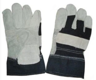 TH-1101 Cowhide Split Leather Glove, 10.5'' Grey Cowhide Split Leather Patch Palm Glove, Denim/jean Cotton Back And Pasted Cuff, Half Lining.