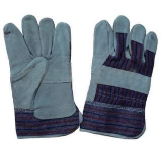 TH-1001 Cowhide Split Leather Glove, 10.5'' Grey Cowhide Split Leather Patch Palm Glove, Stripe Cotton Back And Pasted Cuff, Half Lining.